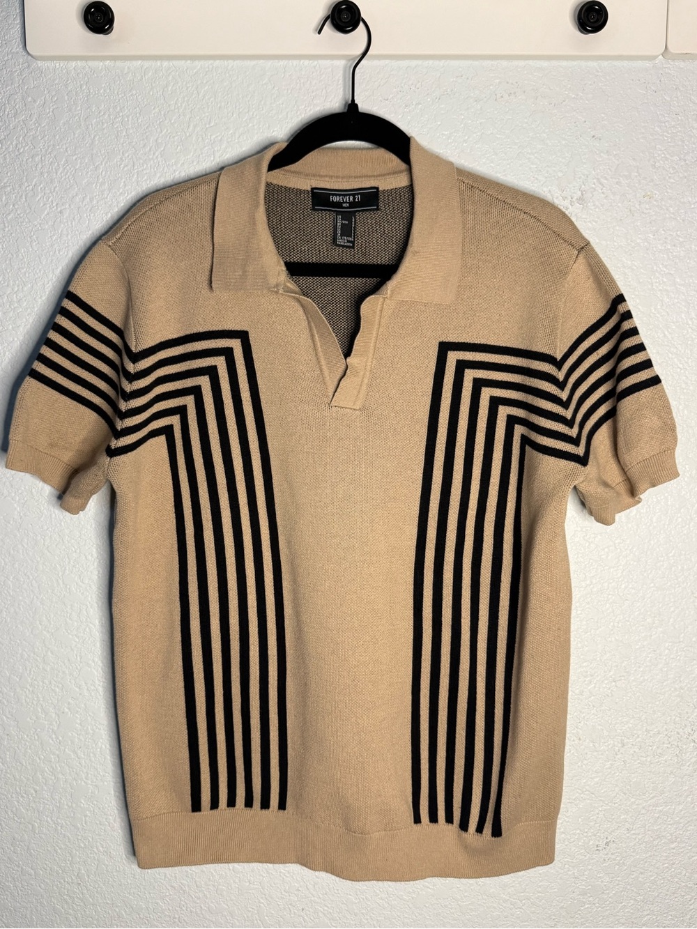 Forever 21 Men's Tan Polo with Black Geometric Stripe Detail